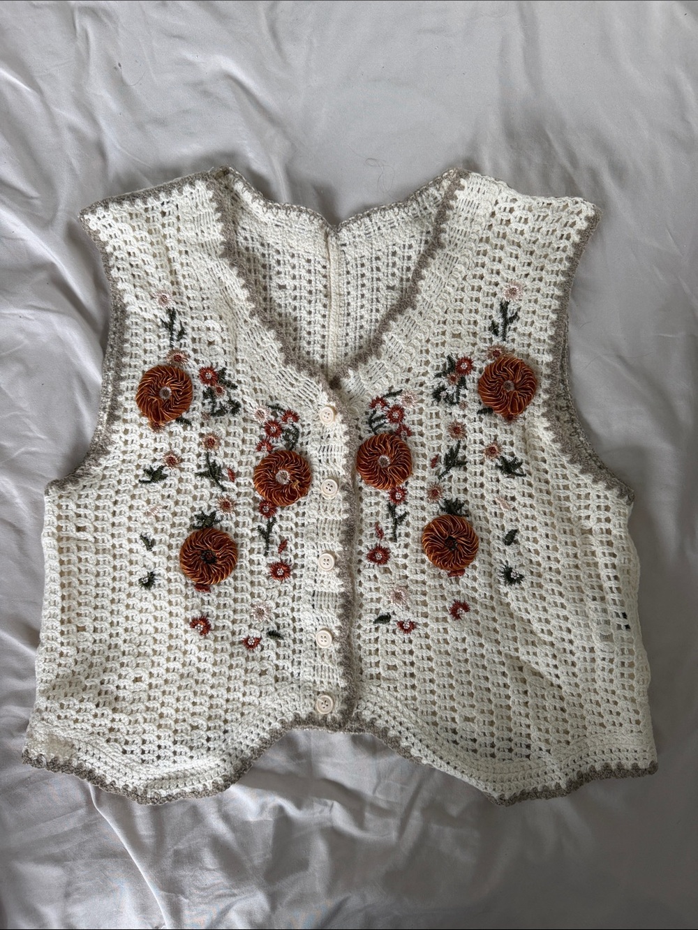 Crocheted Cream Floral Button-Front Vest